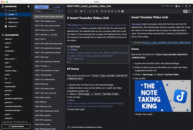 Screenshot Insert YouTube-Video in Joplin