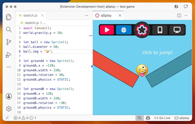 Screenshot Q5play in VS Code