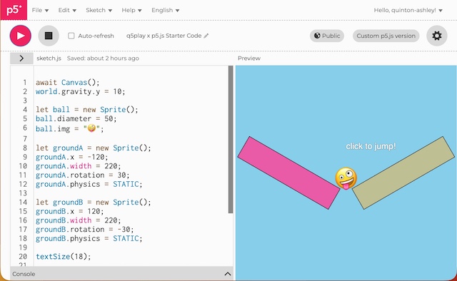 Q5play im P5.js Webeditor