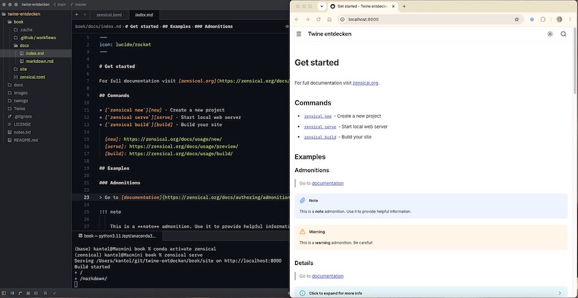 Screenshot: Erste Schritte mit Zensical