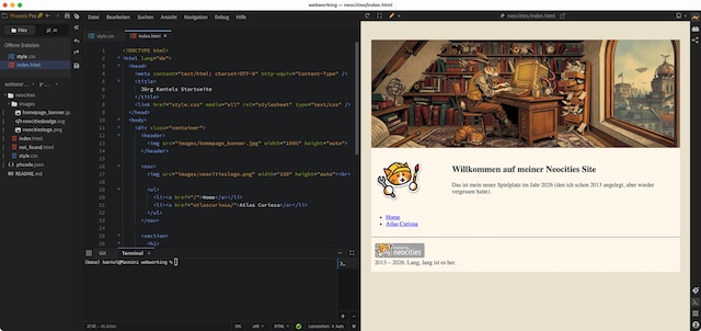 Meine Neocities-Startseite im Phoenix Code Editor